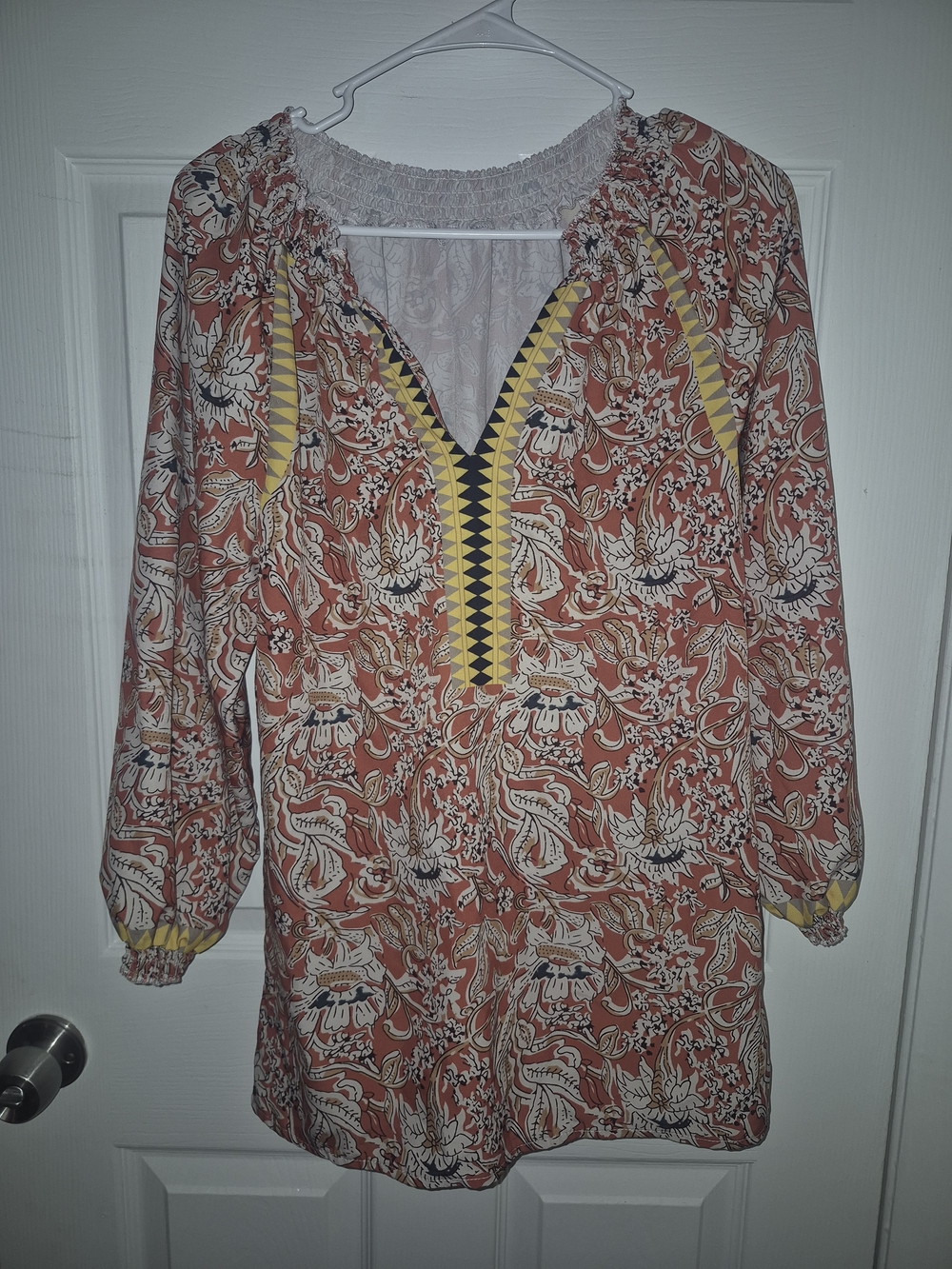 SHEIN Rust Floral Peasant Blouse with Yellow Trim